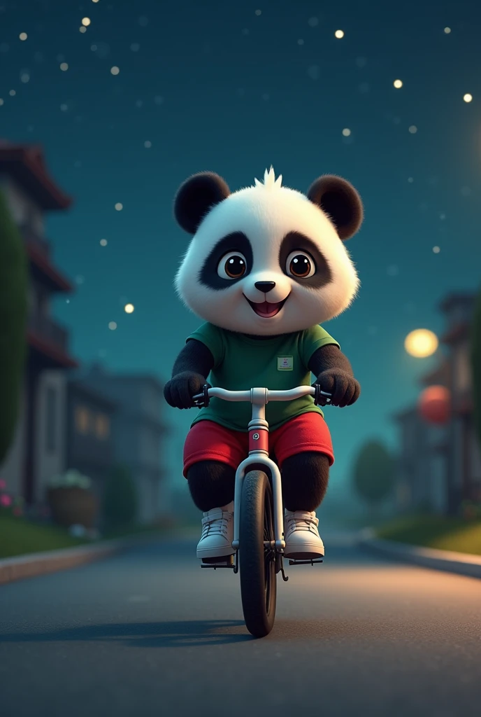 And cartoon panda ride a bicycle in night  wear red shorts green shirt and white sneakers 