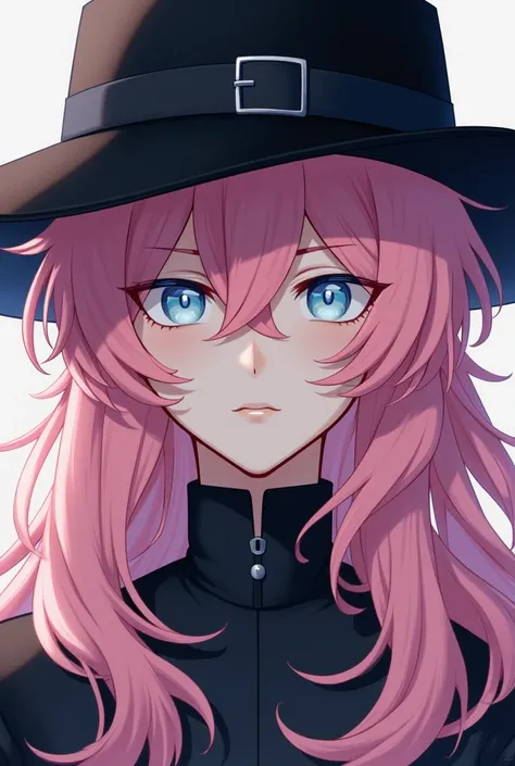 Pink soft hair and long,blue pastel eyes a masculine man with a black hat