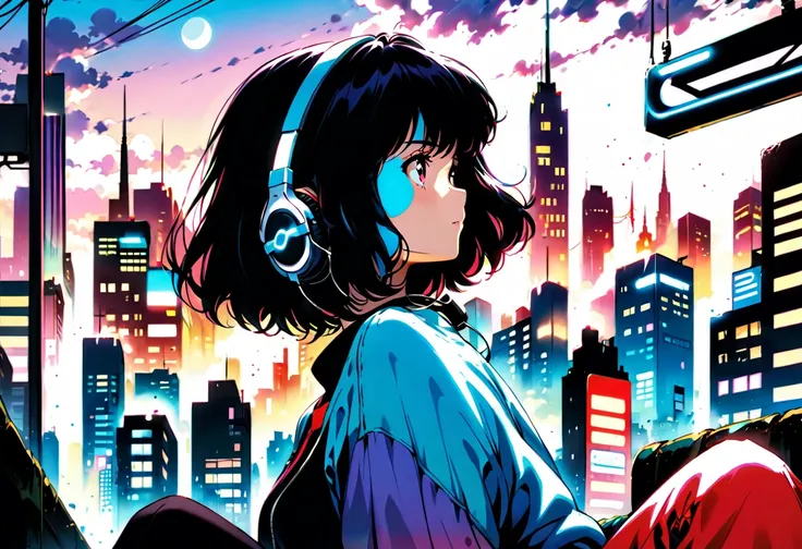 ((Best Quality)),(masterpiece)),(detailed),(Realistic),80s Anime、Wide angle shooting、Long-distance shot、Ghibli style、Lo-fi art style、Nostalgic、Cityscape at dusk、Woman sitting and listening to music、The girl is wearing headphones and has her eyes closed、Bea...