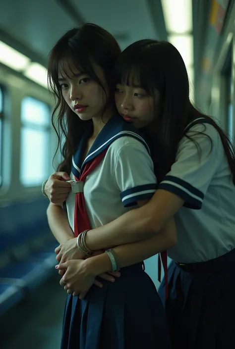 (masterpiece, top quality, best quality, beautiful and aesthetic:1.2), (1girl), school uniform, standing inside a train, the girl tape gagged and tied up, her classmate hugging her from behind, (real person:1.5), sideshot