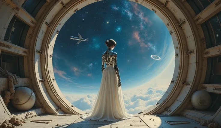 A captivating oil painting in the style of John William Waterhouse, depicting an android woman standing gracefully inside a space station. The space station is surrounded by celestial debris, adding a sense of mystery and wonder. The android woman is dress...