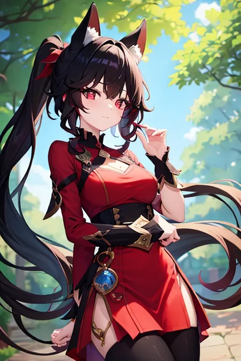 woman with red eyes, with 2 ponytails and two ends of the head (long black hair) with fox ears. wears an very beautiful red dres...