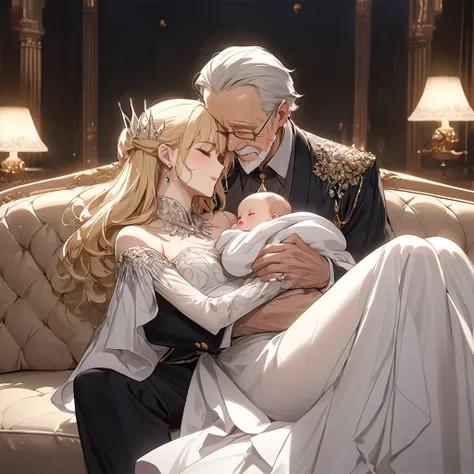 ((Best Quality)), ((masterpiece)), (detailed), （Perfect Face）、The woman is holding a baby、The woman is Seras Ashlain, a blonde elf queen wearing a gorgeous royal white dress, adorned with gorgeous jewelry and an engagement ring.、On a large, luxurious sofa,...