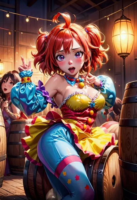 cute yuna, 2, sexy rodeo clown, crazy clown makeup, in the middle of the rodeo ring, action pose taunting extremely aroused minotaur, colorful barrel nearby, 8k, high quality, masterpiece, hyper detailed, realistic, cinematic lighting, vibrant colors, dram...