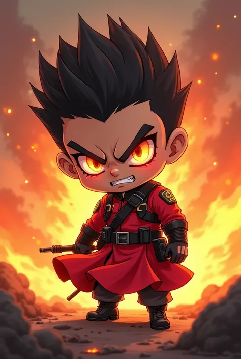 Angry chibi solder boy  in red dress 
with fire in his eyes in YiffyMix style with warm colours