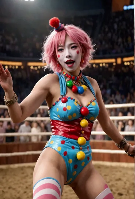 cute yuna, 2, sexy rodeo clown, crazy clown makeup, in the middle of the rodeo ring, action pose taunting extremely aroused minotaur, colorful barrel nearby, 8k, high quality, masterpiece, hyper detailed, realistic, cinematic lighting, vibrant colors, dram...