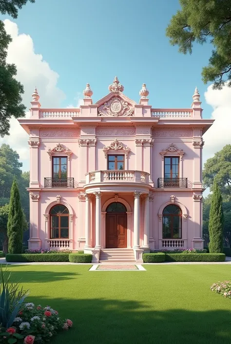 Please generate an image of a mansion in pink, but a very light pink, almost white. Its architecture is somewhat Luso-Brazilian. It’s a large mansion with a beautiful green lawn.