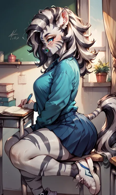 anthropomorphic zebra woman, long fluffy hair, zebra, medium breasts, attractive, (student uniform, white sneakers), shapely body, zebra tail, large thighs, large, freckles, freckles on face, blue eyes, (expression of concentration), she is in the classroo...