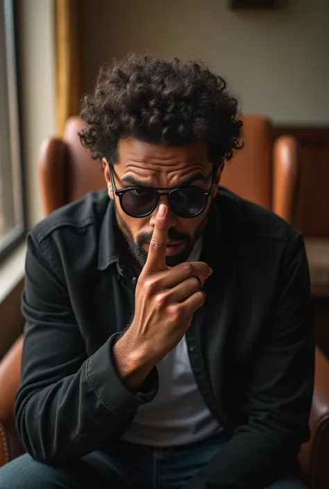 Brown skinned man, slightly curly hair. Wear a black jacket. wearing sunglasses. big nose. Sitting on a long chair while raising your middle finger
