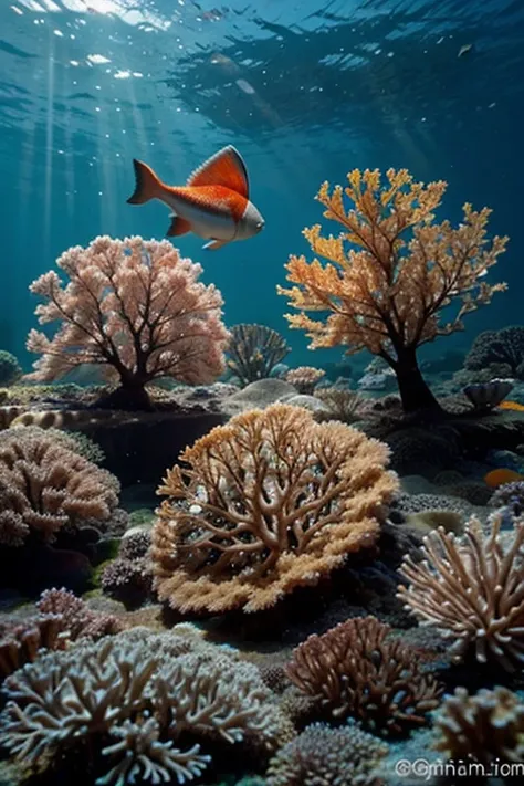 Create a picture with corals and fish underwater