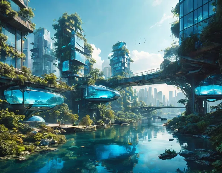 A landscape where a futuristic city and nature are merged, featuring floating buildings and a bridge of blue light