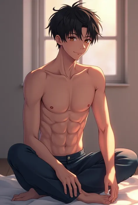 anime hentai, A young man with a cute face, light brown skin, black hair, brown eyes., No shirt and pants, kneeling, Slim body