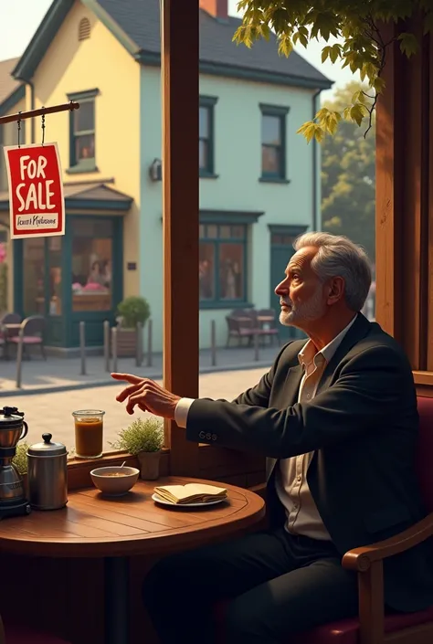 Jules sitting in the cafe points to a sign that says "for sale" in a house