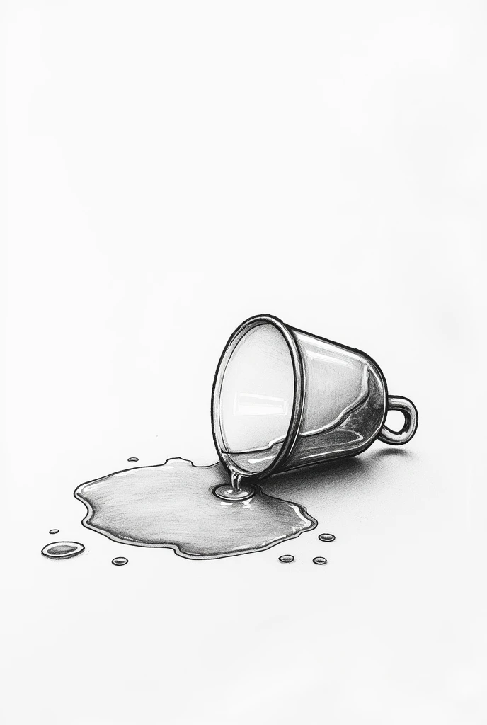 create a realistic white and black drawing of a leaning glass cup that fell over with water 