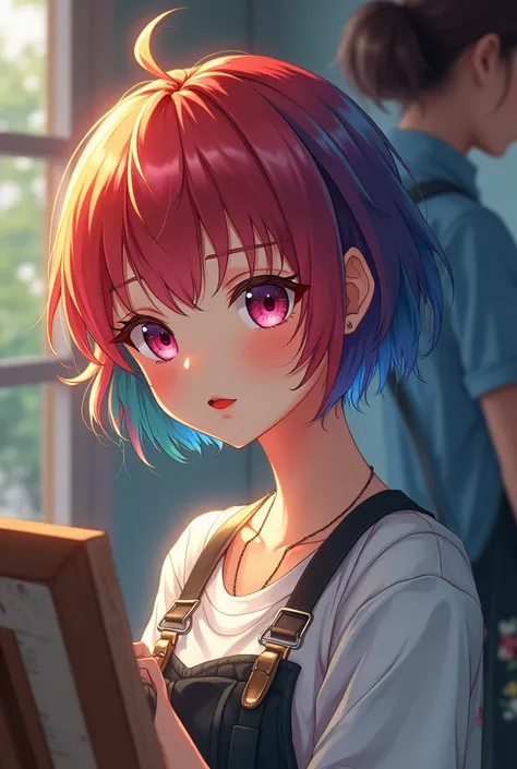 masterpiece, best quality, Anime style art, a beautiful girl with short rainbow hair, there is a woman with blue shirt  with a painters apron white collar, lofi girl, inspired by Sim Sa-jeong, lofi portrait, lofi, with short hair, ulzzang, lblsck hair, lof...