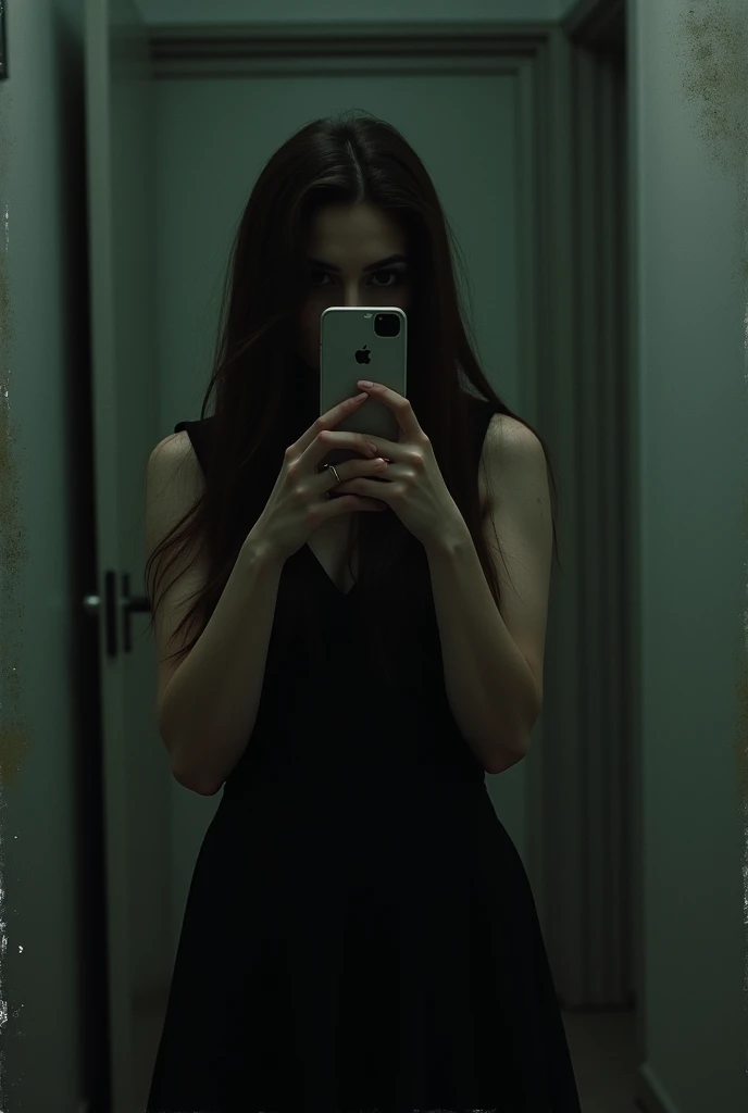 women mirror selfi  hidden face  skin long hair in dark room with gud lights look real poor quality black dress phone on face while selfi