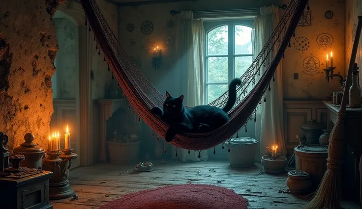 The interior of an old witches mansion with crumbling walls covered in ancient, mysterious symbols. The room is dimly lit with shadows cast by flickering candlelight. A cozy, whimsical room  A black cat floats lazily in a hammock made of spider silk,The ro...