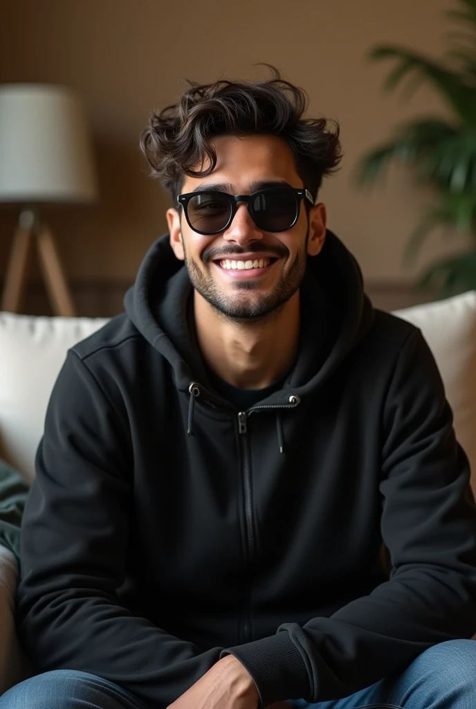 Male with estimated age between 19-2 with brown skin, slightly curly hair. Wear a black jacket. wearing sunglasses. big nose. Sitting on a couch with a smile
