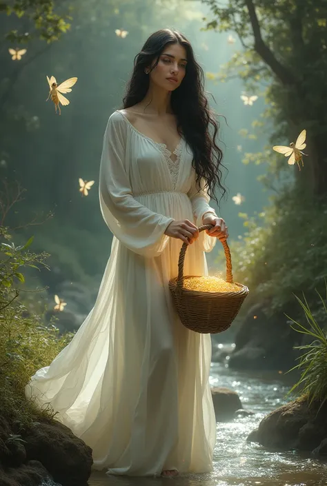 A beautiful dark hair aramaic woman in a white dress letting go and sending offf a pot of gold in a basket her most priced possesion into the running water in an enchanted land filled with fairies 