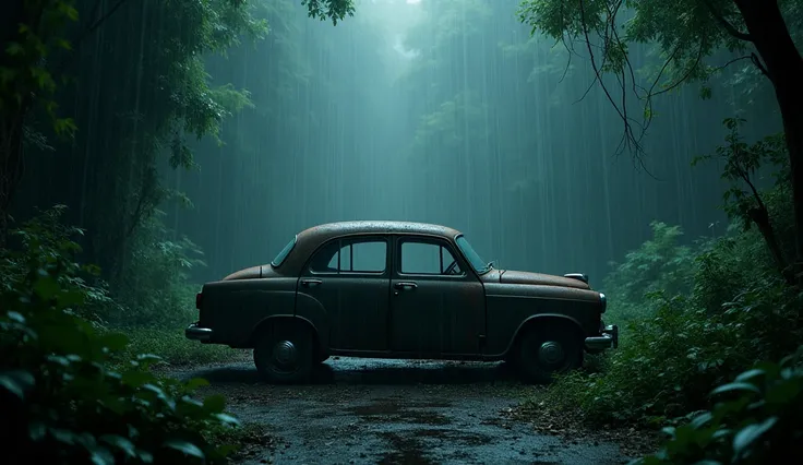 The car in jungle at rainy night is empty from inside 