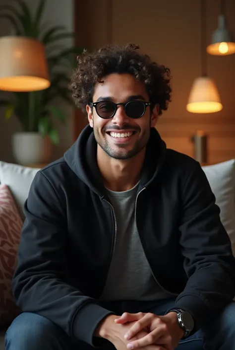 Male with estimated age between 19-2 with brown skin, slightly curly hair. Wear a black jacket. wearing sunglasses. big nose. Sitting on a couch with a smile
