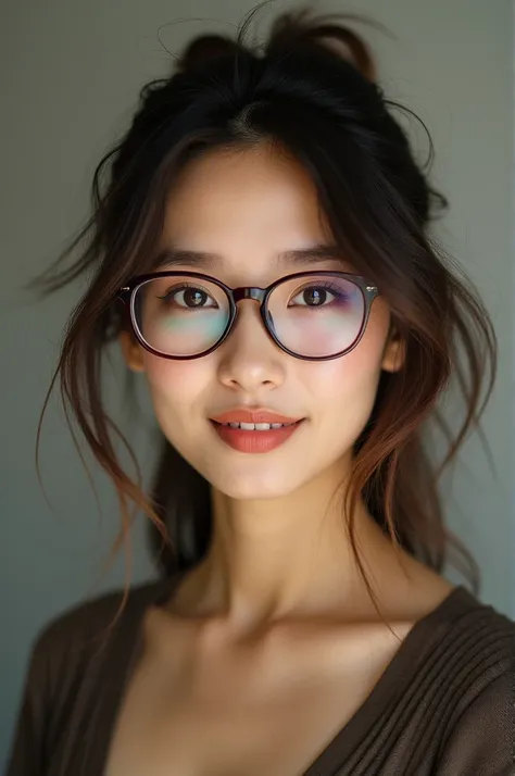 Vietnamese woman wearing glasses, not wearing anything
