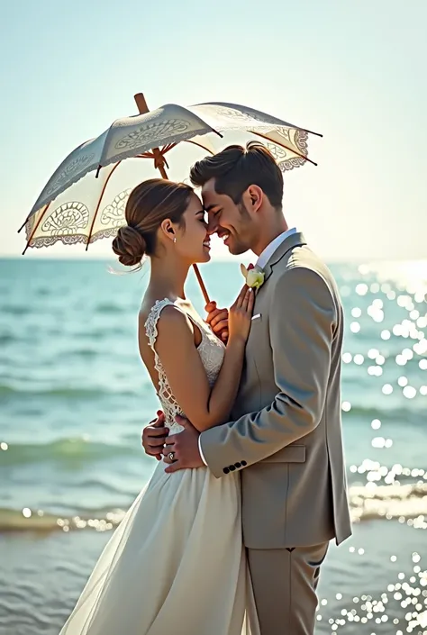 wedding photo shoot with umbrella against the sea 