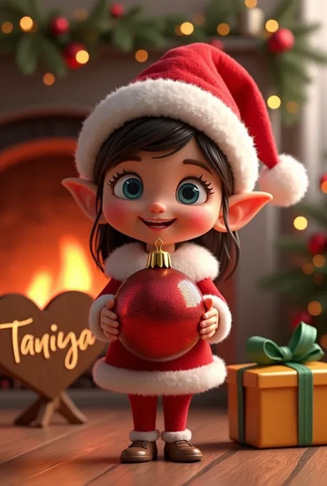 A festive and enchanting 3D cinematic render of a cheerful cartoon elf named Taniya. She has bright blue eyes, a lovely smile, and wears a red Santa Claus hat adorned with golden bells. Miranda is dressed in Santa Claus attire, holding a big, delicate dark...