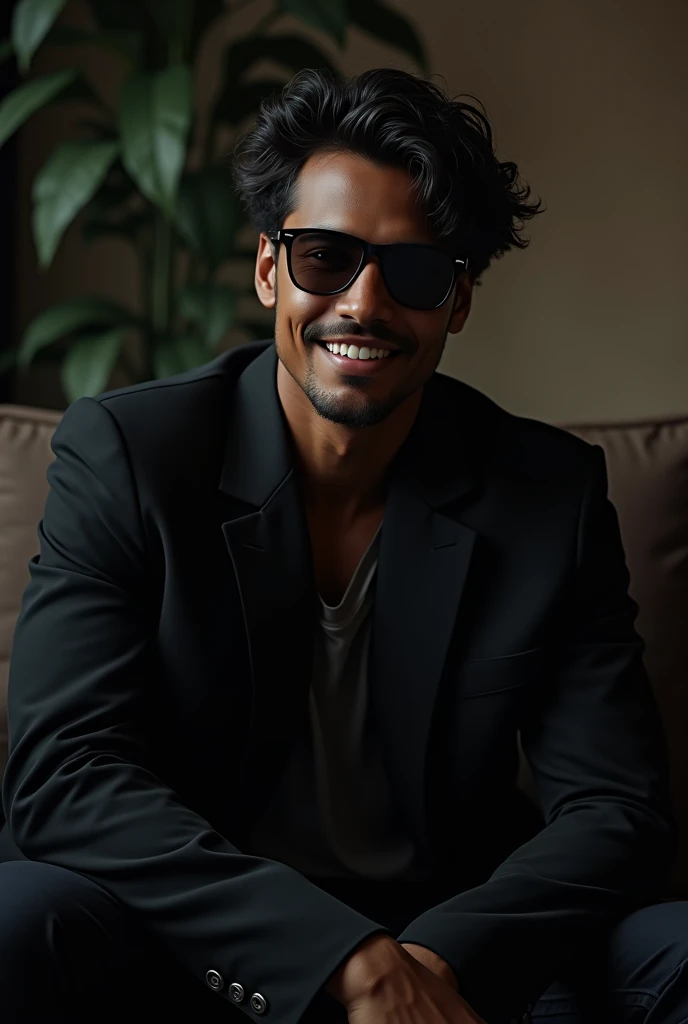 Male with estimated age between 19-2 with brown skin, slightly curly hair. Wear a black jacket. wearing sunglasses. big nose. Sitting on a couch with a smile. dark skin
