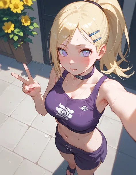 (from above), standing, score_9_up,score_8_up, (ino yamanaka), (naruto), 1girl, solo, blonde hair, long hair, looking at viewer, big breast, flowers, street, (posing), hand, choker, (stomach), ((blush)), ((sweaty)), ponytail, bare shoulders, violet clothes...