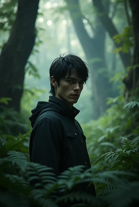 a young man fictional character with dark hair and a serious expression in the forest