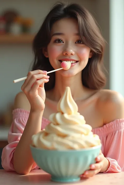 Beautiful girl with a big bowl of ice cream in front