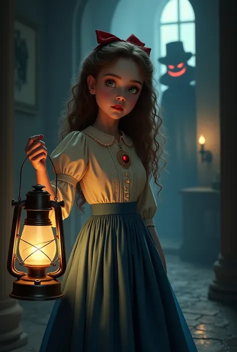 A semirealistic young girl in a dark misterious room holding a Lantern.She Is wearing an early 1900s outfit:a long puffed sleeved shirt with a Ruby gen pin with golden detailes and a long blue victorian shirt.The woman has light brown long curly hair with ...