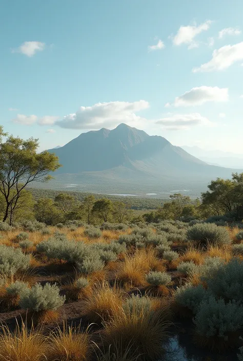 No Chapter 2: The cerrado with its low vegetation and a plateau in the background.
