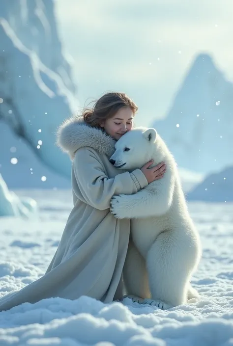 Mother hugging baby polar bear standing on ice land