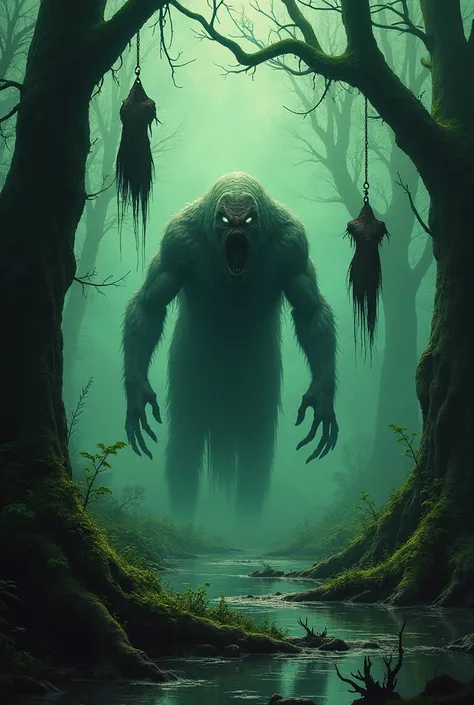 the best quality ,Superior Quality,in the style of 80&#39;s horror movies,horror movie poster style , болотное monster,stands ominously bent over and looks ominously at the camera ,everything happens in the ominous swamp,green haze,monster (holds a bloody ...