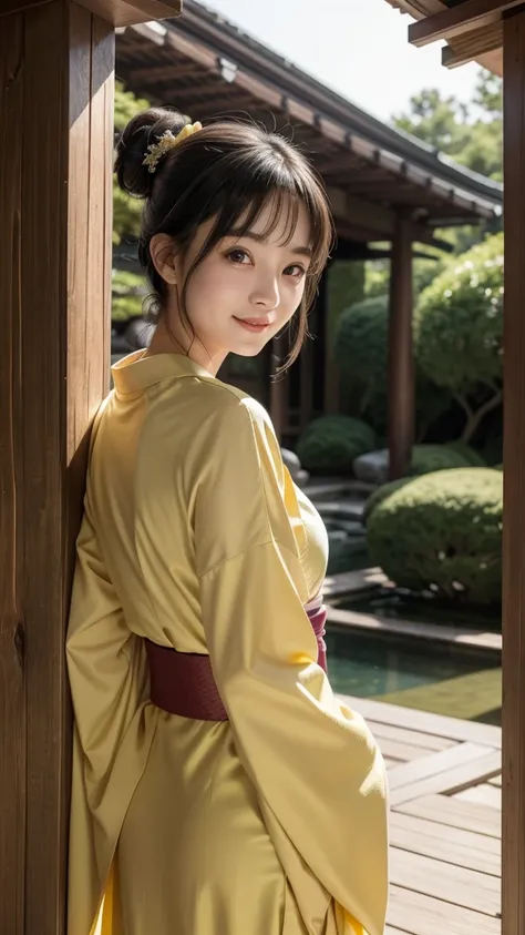 Sei Shonagon is peeking out from behind a large wooden pillar, with only her face and part of her upper body visible. She is smiling softly, dressed in a modest yellow kimono, and her posture is playful yet elegant. Her large almond-shaped eyes and slightl...