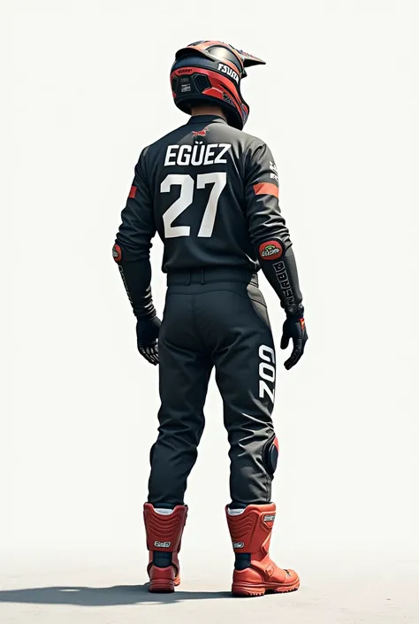 A motocross racer number 27 with the last name Egüez with his back turned without a motorcycle 