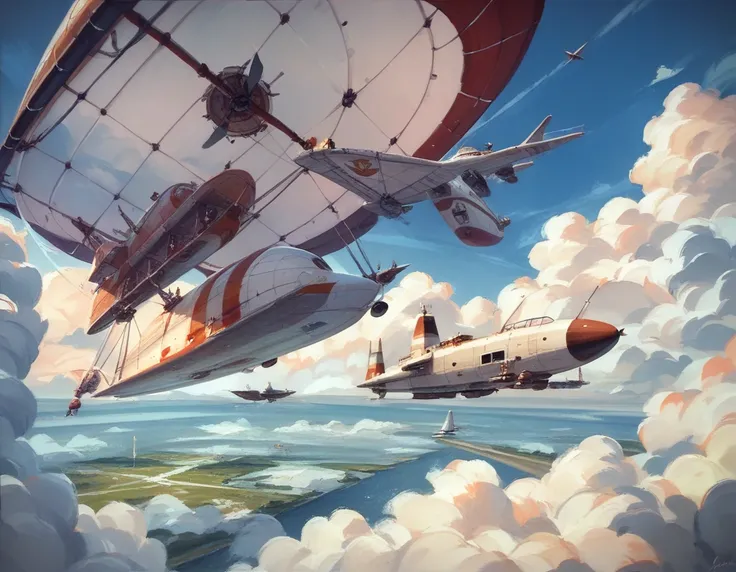 best quality,masterpiece,highly detailed,ultra-detailed,cloud, no humans, sky, (airship:1.3), vehicle focus, scenery, cloudy sky, outdoors, traditional media, day, flying,
