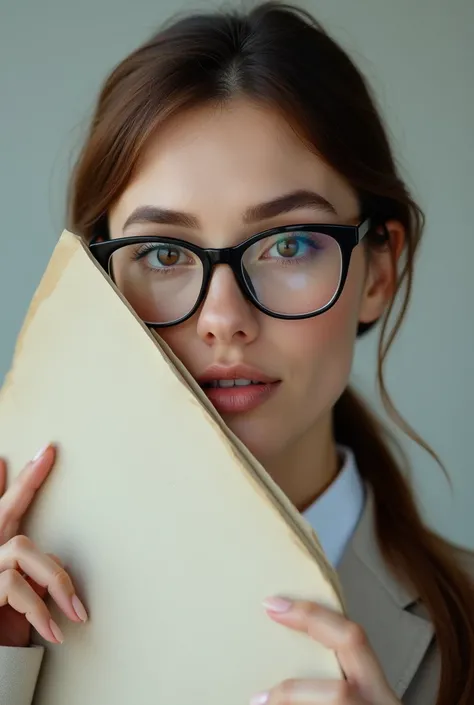 An accountant with glasses 
covering one eye and her forehead diagonally with a ledger vouge 