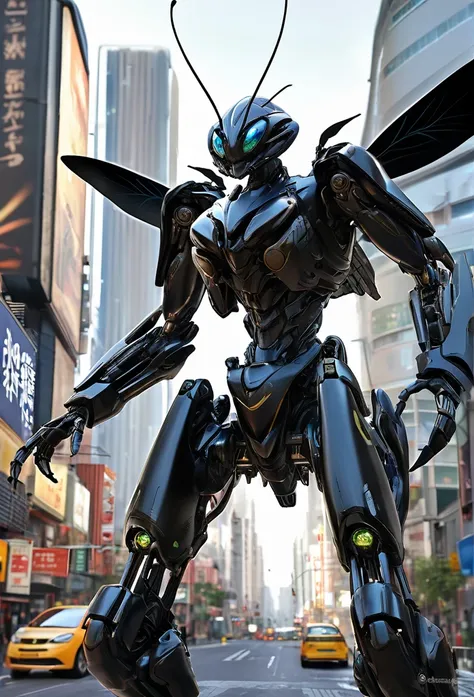 Ultra-high definition 3DCG concept art,A realistic トンボAndroid is rampaging through the city,The トンボ Android is Ultra-realisticホログラフィック効果で不気味な光を放つ翼.The body of a dragonfly is creepy, Black Machine.It&#39;s like they own the place、A large flock of them flyin...