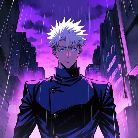  Anime Man, Satoru Gojo,jujutsu kaisen short white hair, blue eyes,High resolution, Anatomy is correct, precise, Best quality purple light in the city rain