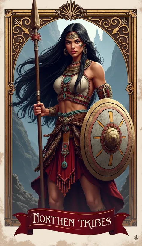 Woman dressed in native dress with spear and shield, Brave, warrior del Norte, Native American Warrior, warrior adulta del norte, warrior, indio, hyperdetailed fantasy character, A Native American Warrior, avian warrior, Warrior woman, indio, Tribal armor,...