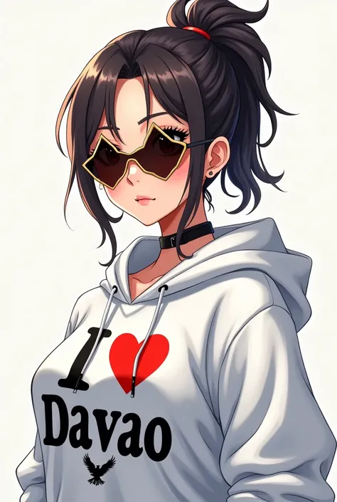 anime matured girl wearing star sunglasses and white hood shirt printed "i heart davao" with eagle logo below the text 