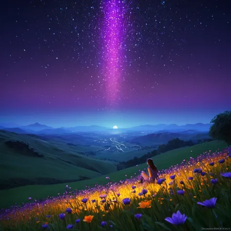 Vast landscape photos，（look from down，Above is the sky，Below are open fields），a girl standing on flower field looking up，（moon full：1.2），（meteors：0.9），（Starcloud：1.3），Far Mountain, Tree BREAK making art，（Warm light source：1.2），（glowworm：1.2），lamp lights，lo...