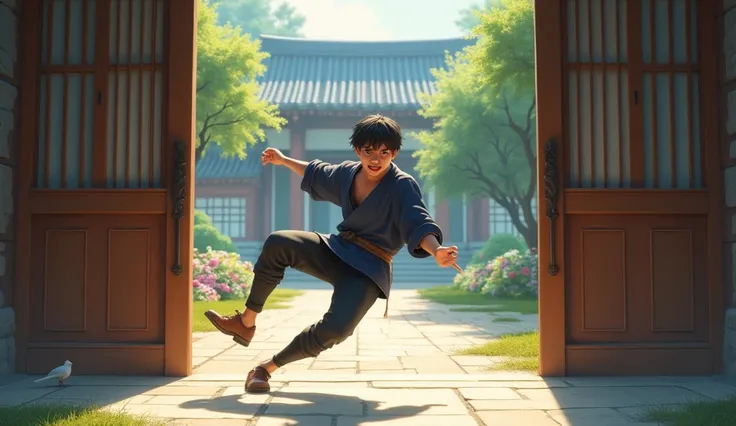 "Hiro, 24, still in his travel-worn dark blue tunic and black pants, angrily kicks open the large wooden gate of the temple. His face is flushed with anger, and his short black hair is disheveled. Behind him, the peaceful temple garden is visible, with col...