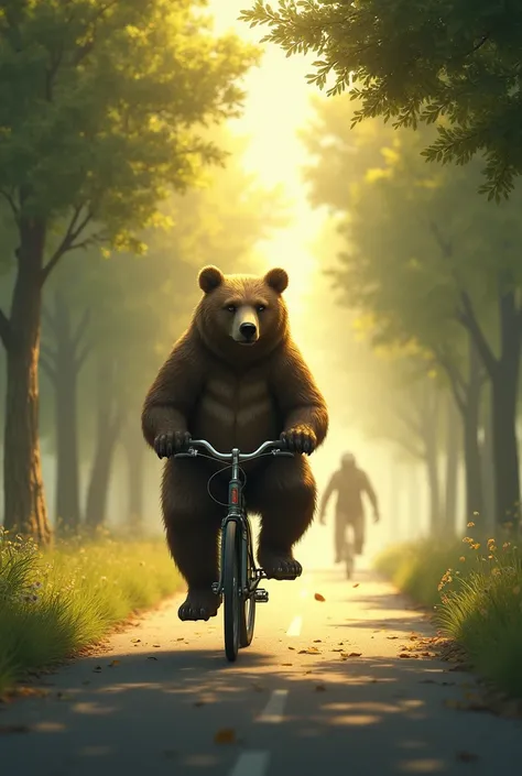 A bear riding a bicycle on a quiet, empty road lined with trees. The scene is peaceful, with soft sunlight filtering through the trees. In the distance, faint shadows of zombies can be seen approaching, but the bear is unaware.