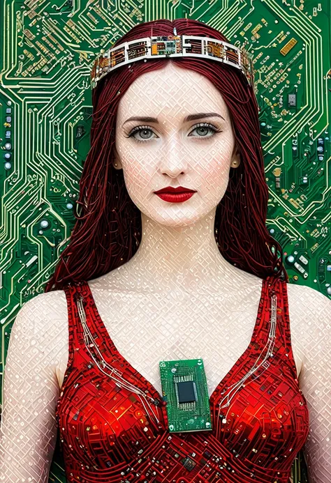 a close up of a picture of a woman in a red dress, circuit board artifacts, dress made with circuit board, cyberpunk jesus chris...