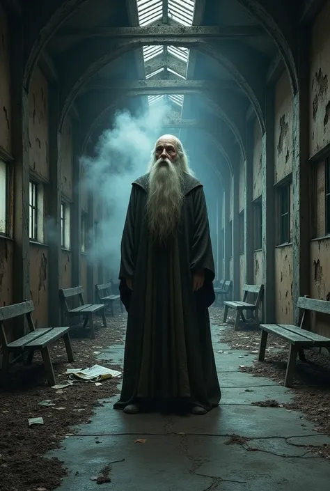 Gandalf looks through a dirty train station