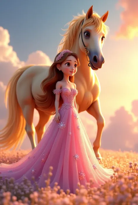 Beautiful girl wearing sparkling pink  dress  and beautiful sparkling golden horse   standing beside girl . Watching sky 3D animation hyper realistic disney cartoon super extra sparkling 